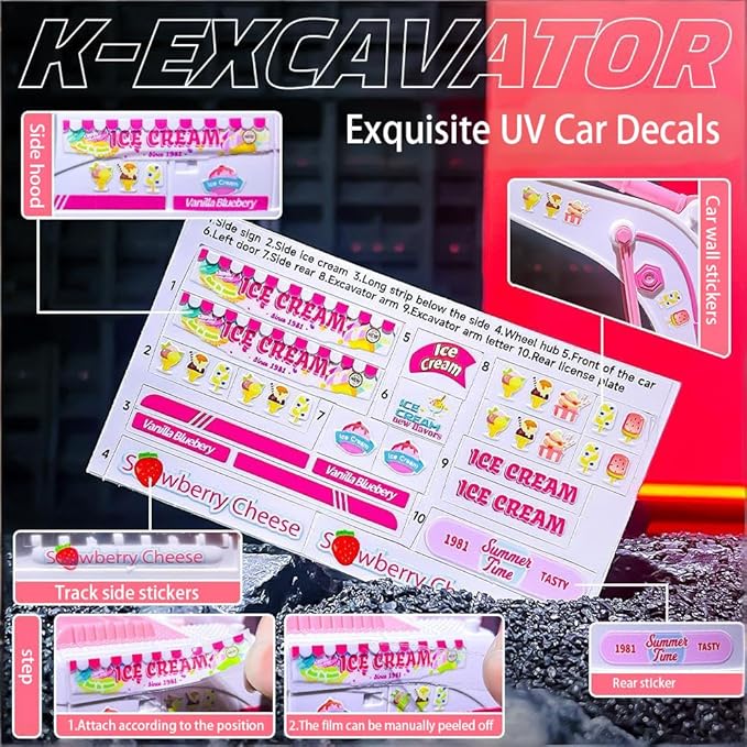 Pink RC Excavator 6 Channel 2.4Ghz RC Construction Vehicle1:24 Scale Pink Excavator Toy with 360° Rotation Light Sound and DIY Stickers Birthday Gift for Teens Adults (3 Battery)