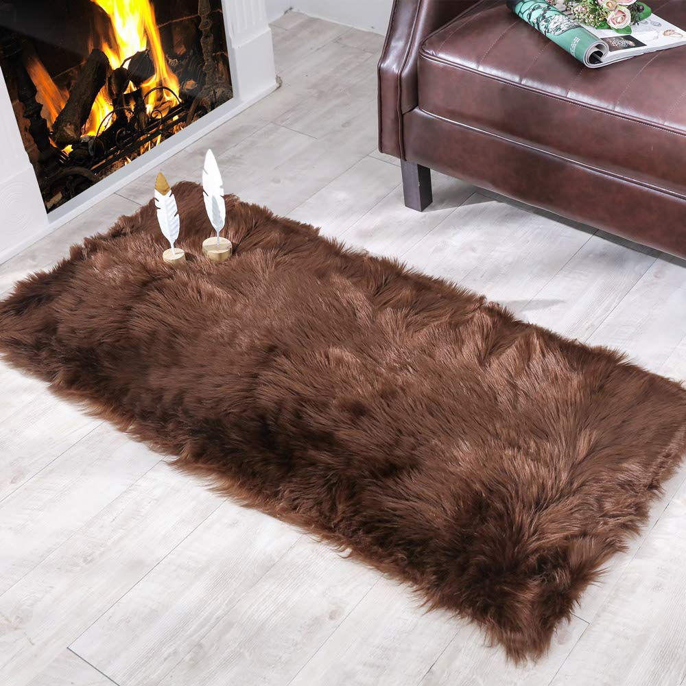 Carvapet 2x4 Faux Fur Rug - Brown Faux Sheepskin Shaggy Area Carpet Plush Chair Cover, Soft Suede Backing Machine Washable Mat for Bedroom Living Room