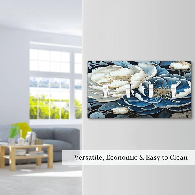 White Blue Flower Peonies Light Switch Covers Quad Toggle 4 Gang Wall Plate Decorative Switchplate Electrical Faceplate for Farmhouse Bathroom Living Decor