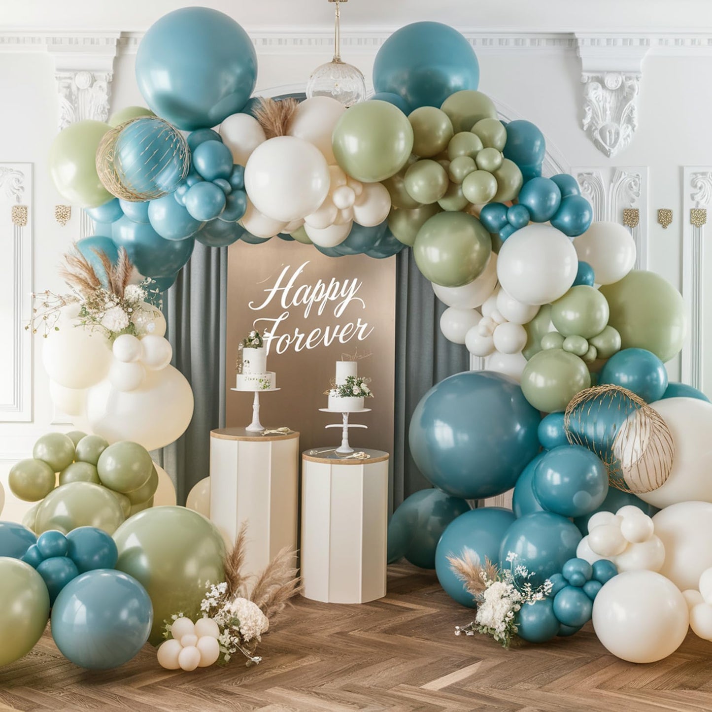 Blue and Green Balloon Arch Kit, 108 Pcs Dusty Balloon Garland With Retro Sea Sage Sand White Metallic Gold Balloons for Boho Wedding Baby Shower Birthday Party Decorations