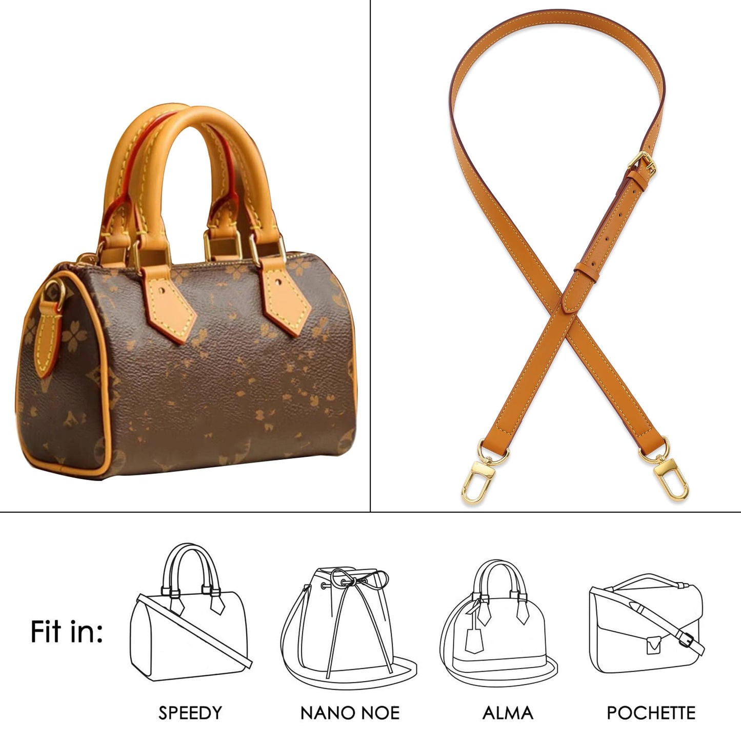 BMBMLV Vachetta Genuine Leather Adjustable Genuine Leather Crossbody Straps Replacement (Honey brown)