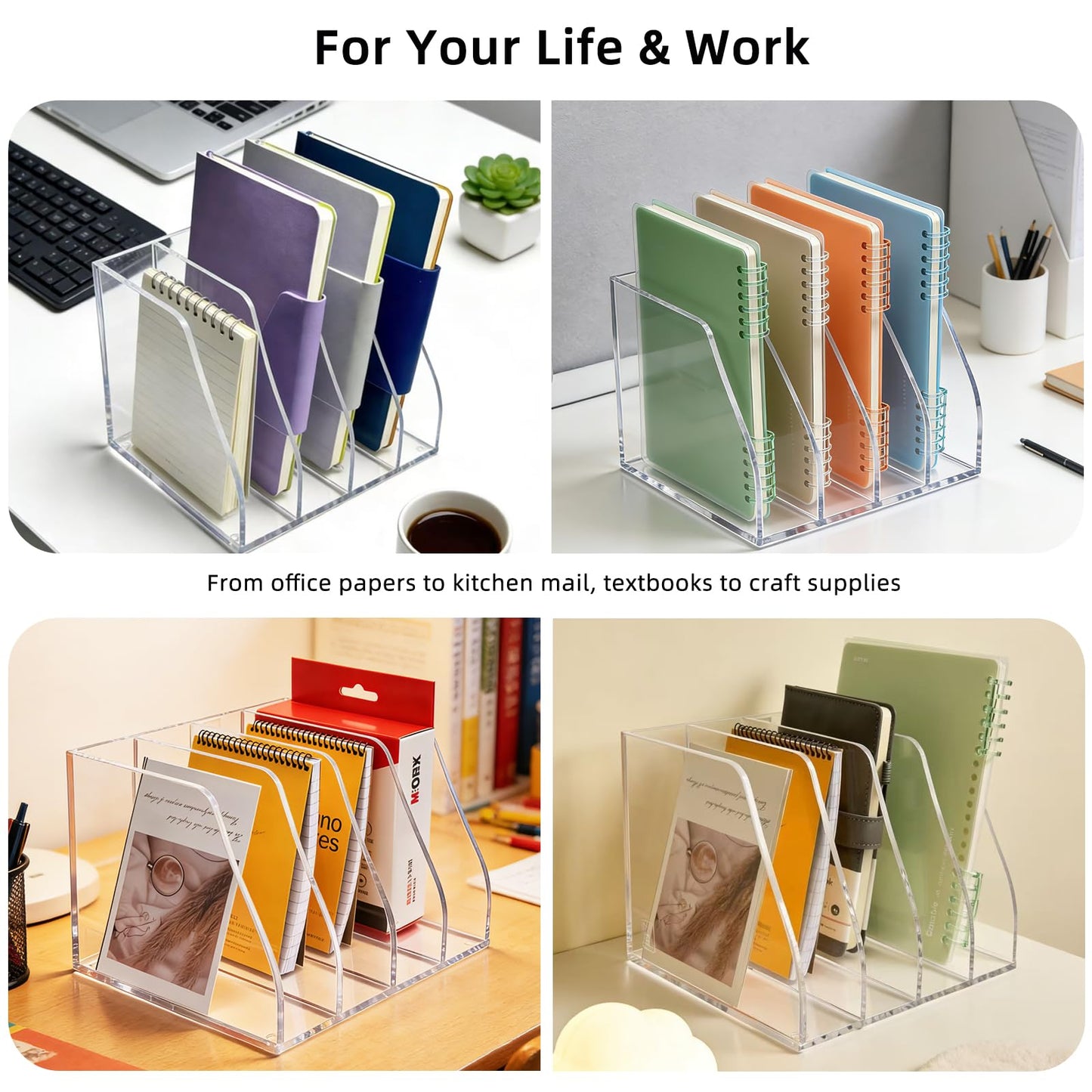 AIDIMOO Acrylic Magazine File Holder, 4 Vertical Compartments Desk Document Sorter Organizer, Clear Folder Rack Binder for Office, Documents, Tablets, Magazines, Books – Home/Classroom Rack