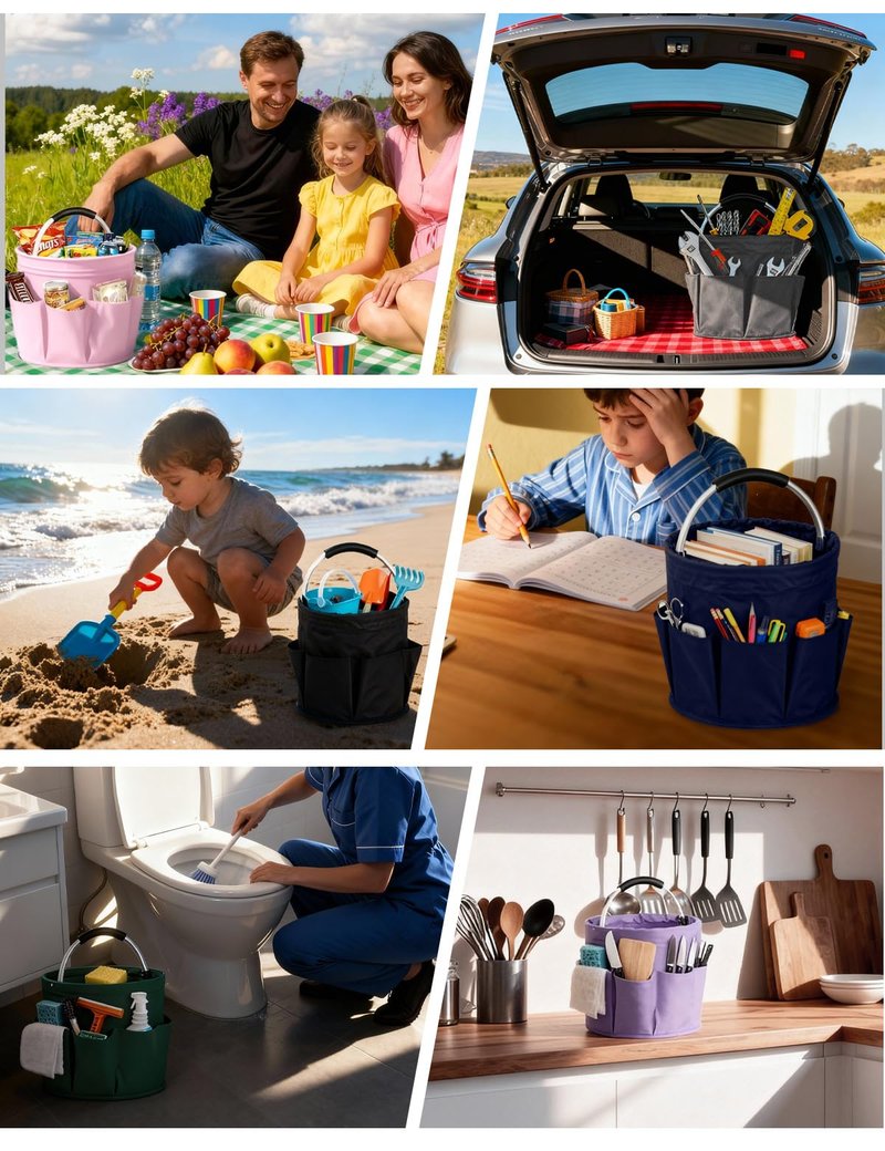 CIHTL Cleaning Caddy with Handle, Cleaning Products Organiser, Foldable Storage Basket, Large Supply Organiser 17L with 6 Pockets, Portable Cleaning Caddy for Home & Garden (Black)