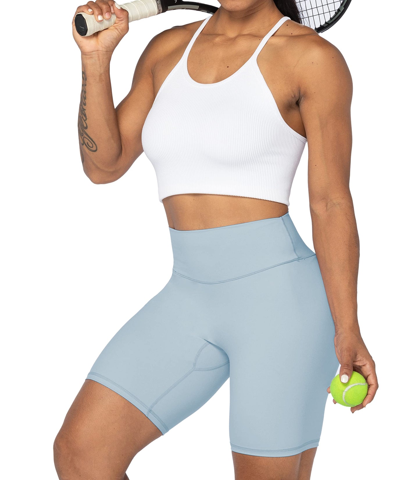 Sunzel 8" High Waist Biker Shorts for Women No Front Seam Soft Yoga Workout Gym Bike Shorts Tummy Control Squat Proof Light Blue