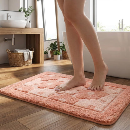 Pink Flower Bath Mat Cute Bathroom Rugs Lovely Shower Bathtub Mat Microfiber Soft Welcome Doormat Non-Slip TPR Backing Shower Rug Plush Shaggy Bath Carpet, 20x32