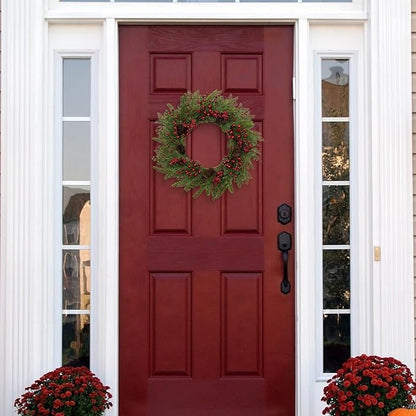 JINGHONG Artificial Christmas Wreath 22 Inch Christmas Wreaths for Front Door Winter Wreath with Red Berries Pine Cones Needles for Indoor Outdoor Xmas Winter Holidays
