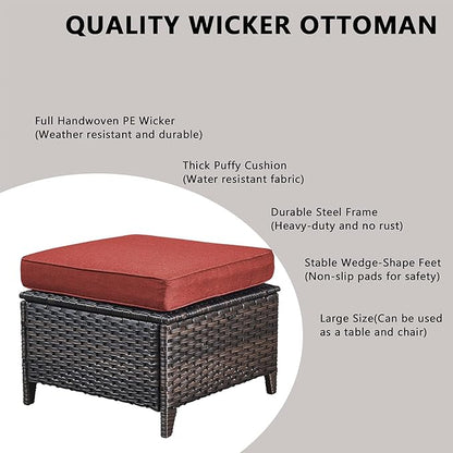 Patio Furniture Swivel Chairs Set - 8 Piece Wicker Rattan Outdoor Sectional Conversation Sets with 4 Swivel Rocking Chairs,2 Ottomans,1 Sofa and 1 Coffee Table for Porch Deck Garden(Brown/Red)