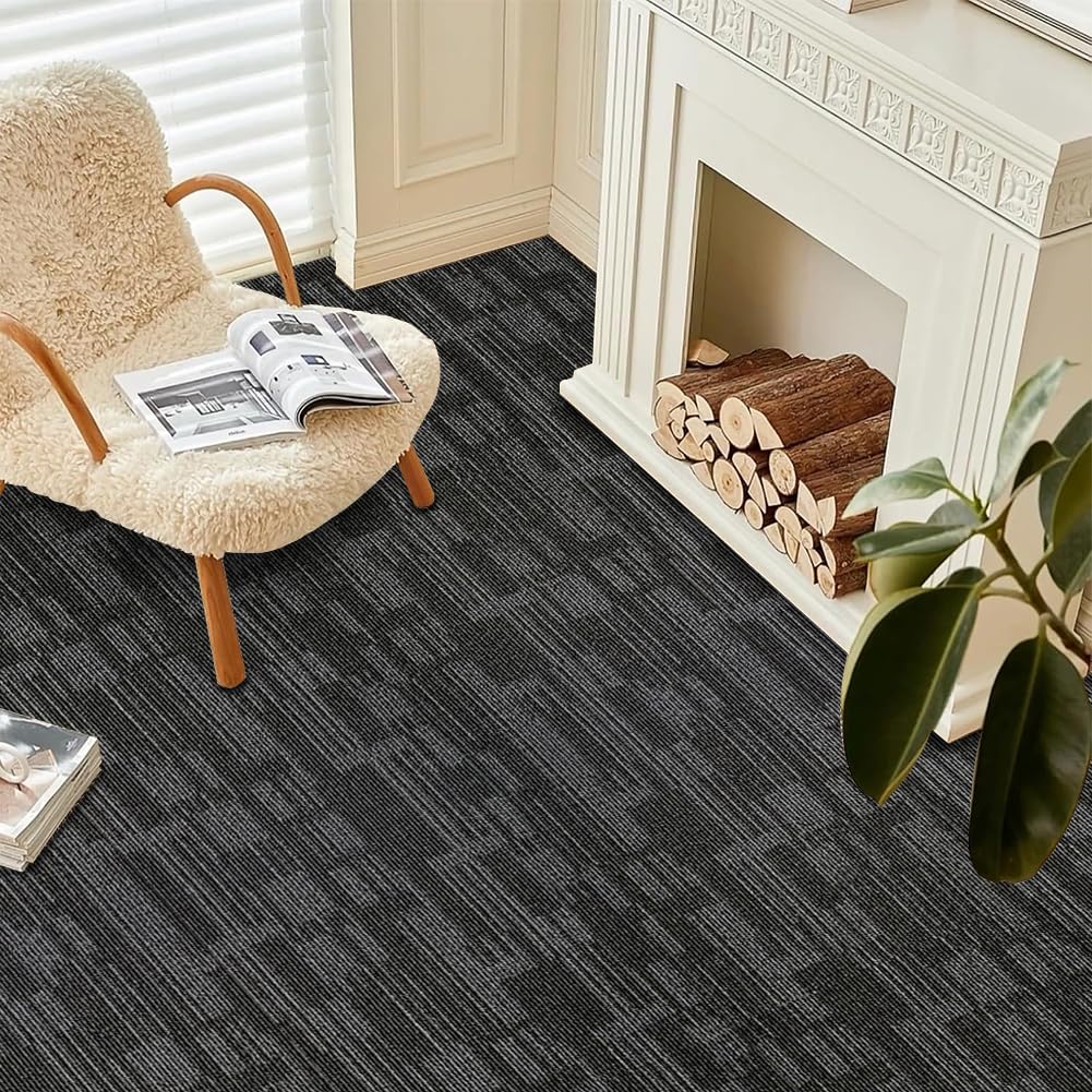 Heavy Duty Commercial Carpet Tiles 24" x 24", 18 Pcs/72 sq ft (FlexLok tabs Included),Non-Slip Soft Square Carpet Floor Tile for Office Bedroom Living Room Kitchen Garage Gym (Grey)