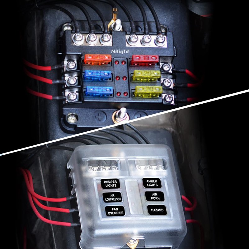 Nilight - 50055F 6 Way Blade Screw Fuse Block 6 Circuits with Negative Bus Fuse Box Holder with LED Indicator ATO/ATC Fuse Panel Waterproof Cover for 12V Automotive Cars Marine Boats RVs Trailers