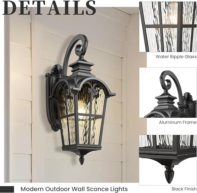 Outdoor Wall Sconce Lights Black Anti-Rust Wall Mount Light with Water Ripple Glass Aluminum Exterior Lights for Garager Doorway and Patio E26 Socket and Waterproof