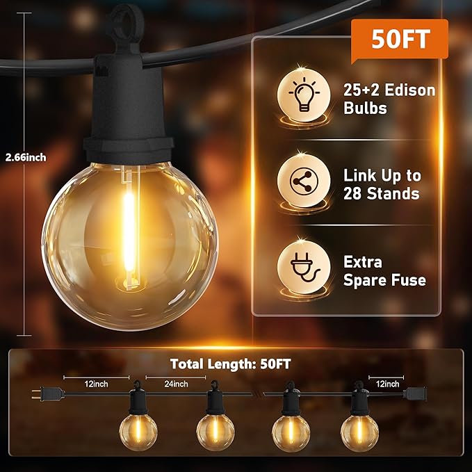 50Ft LED G40 Globe Outdoor String Lights Waterproof Patio Lights with 27 Shatterproof Warm White Bulbs, Hanging Outdoor Light for Backyard Balcony Wedding Christmas Party Decorations, Black Wire