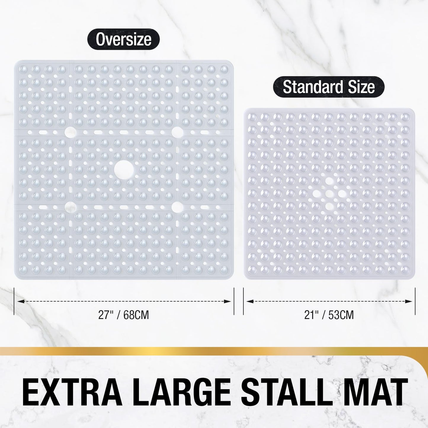 HITSLAM Square Shower Mat 27x27 Inch, Extra Large Non Slip Shower Mats for Inside Shower Stall, Anti Slip Bath Floor Mat with Strong Suction Cups & Drain Holes, Machine Washable, Clear
