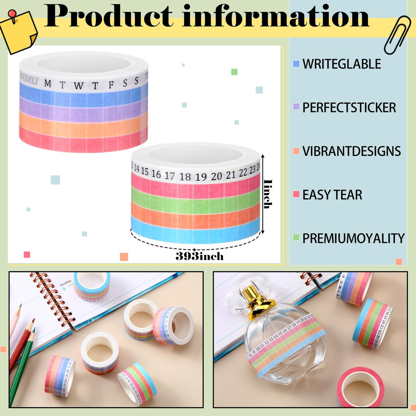 Epakh Habit Tracker Washi Tape Set, 6 Rolls Writable Calendar Planner Tapes with Day Week Number, Decorative Masking Tape for Journals Planners, Back to School Supplies for Students Teachers