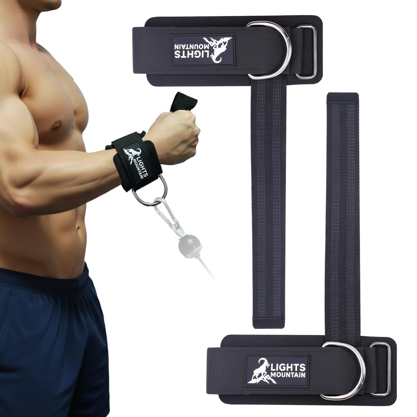 Lights Mountain Adjustable Wrist Cuffs Weight Lifting Straps with Sliding D-Ring – Heavy Duty Gym Attachments for Cable Machines, Pull Downs, Triceps & Biceps Training