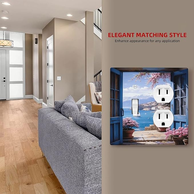 Decorative Art Light Switch Covers Seaside Window View 2 Gang Single Toggle Duplex Combination Electrical Faceplate Switchplate Wall Plate for Home Decor