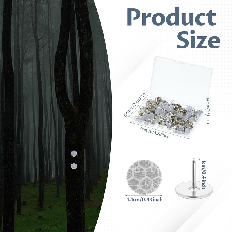 FdcLixuvol 100 Pcs Reflective Tacks Trail Marking Tacks, 0.4" Glow in Dark Thumb Nails Tack with Storage Box, Stainless Steel Metal Nails Road Markers for Hiking, Camping Tree Stand Marking (Silver)