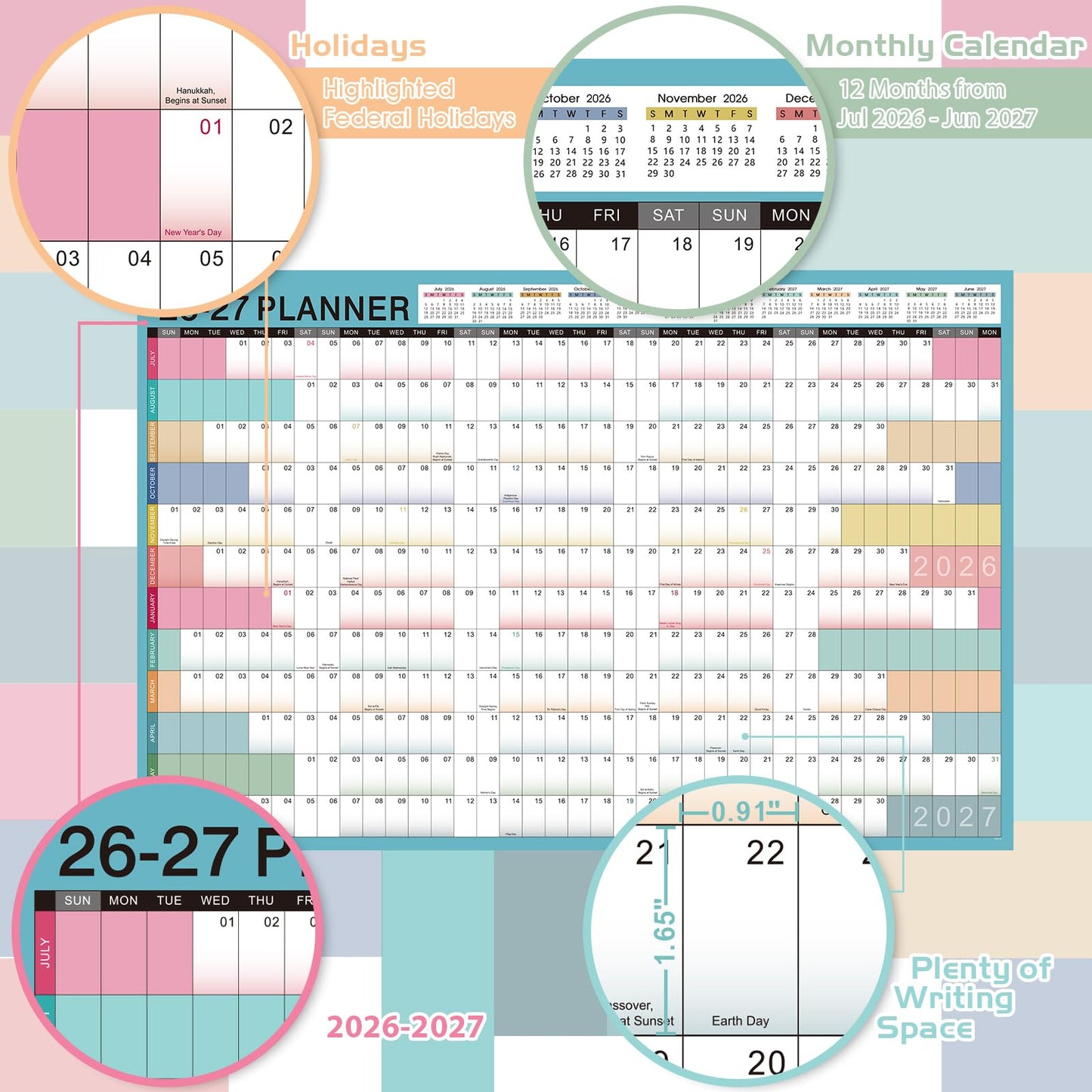 2026-2027 Yearly Wall Calendar - Calendar 2026-2027, Yearly Wall Calendar, July 2026 - June 2027, 23.1" x 34.6" (Open), Wall Calendar 12 Month, Julian Dates, Thick Paper, Round Stickers