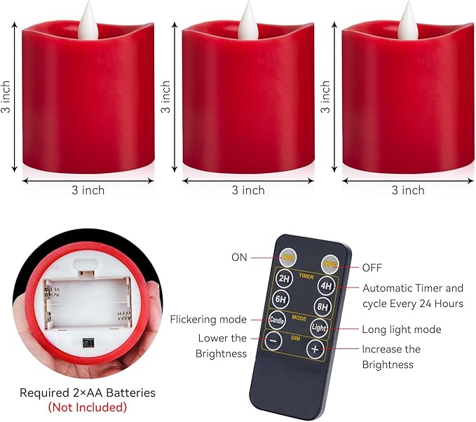 3" x 3" Red Flameless Candles - LED Pillar with Remote, Timer, Flickering, 600+ Hour Battery Life, Ideal for Christmas, Halloween, and Indoor Decor 3"*3"-3pcs