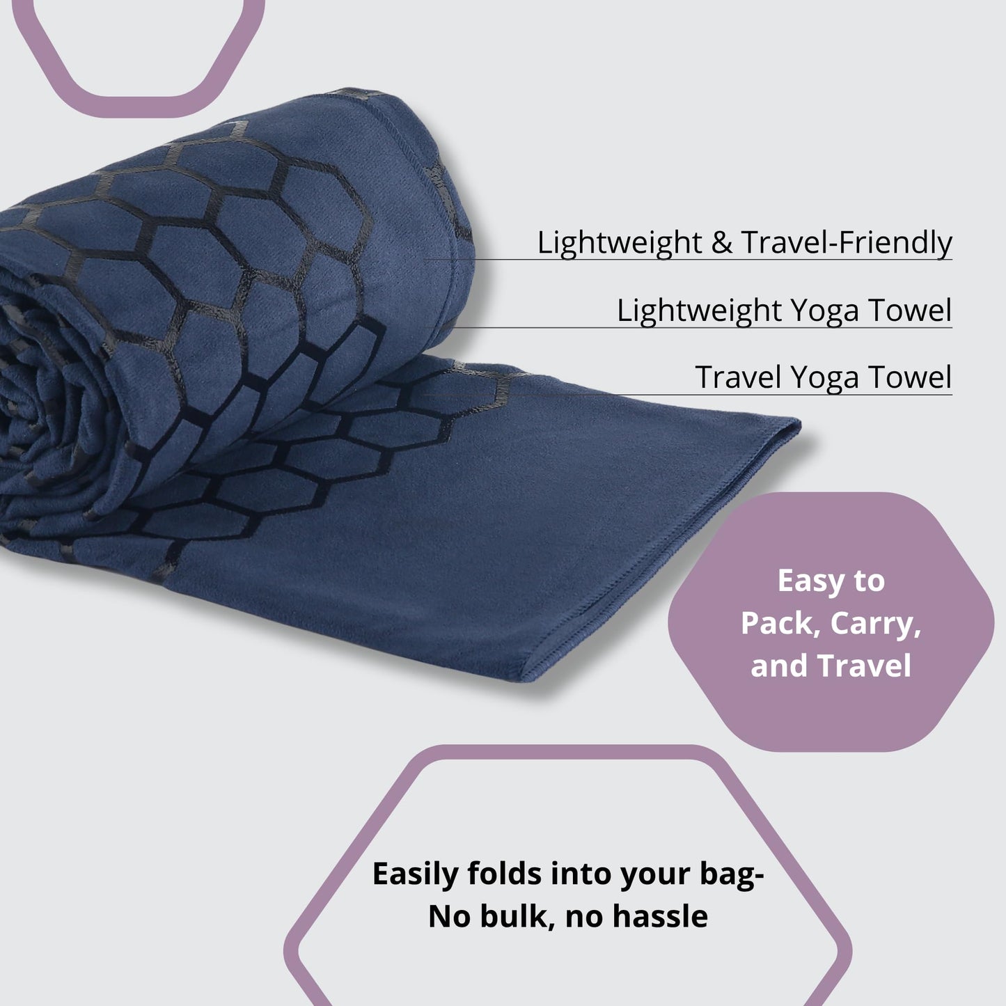 Clever Yoga Hot Yoga Mat Towel – Non-Slip Grip for Hot Yoga, Sweat Absorbent, Honeycomb Silicone Grip, Stays Flat – Ideal for Pilates, Travel, Washable & Lightweight - Dark Blue