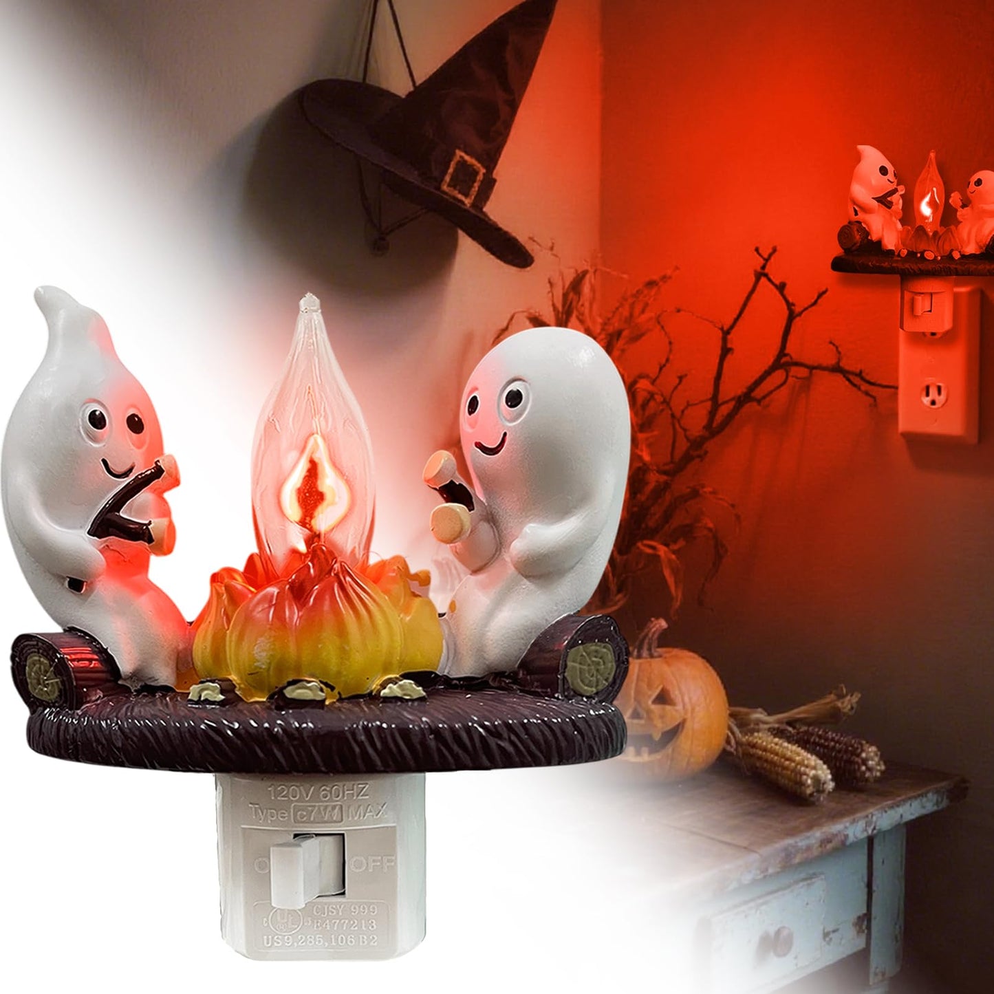 Consdemy Ghost Campfire Flickering Nightlight 120V Plug into Wall - Realistic Spooky Candles for Party Decor Indoor - Christmas & Halloween Night Light Campfire Gifts for Families, Friends (Ghost)