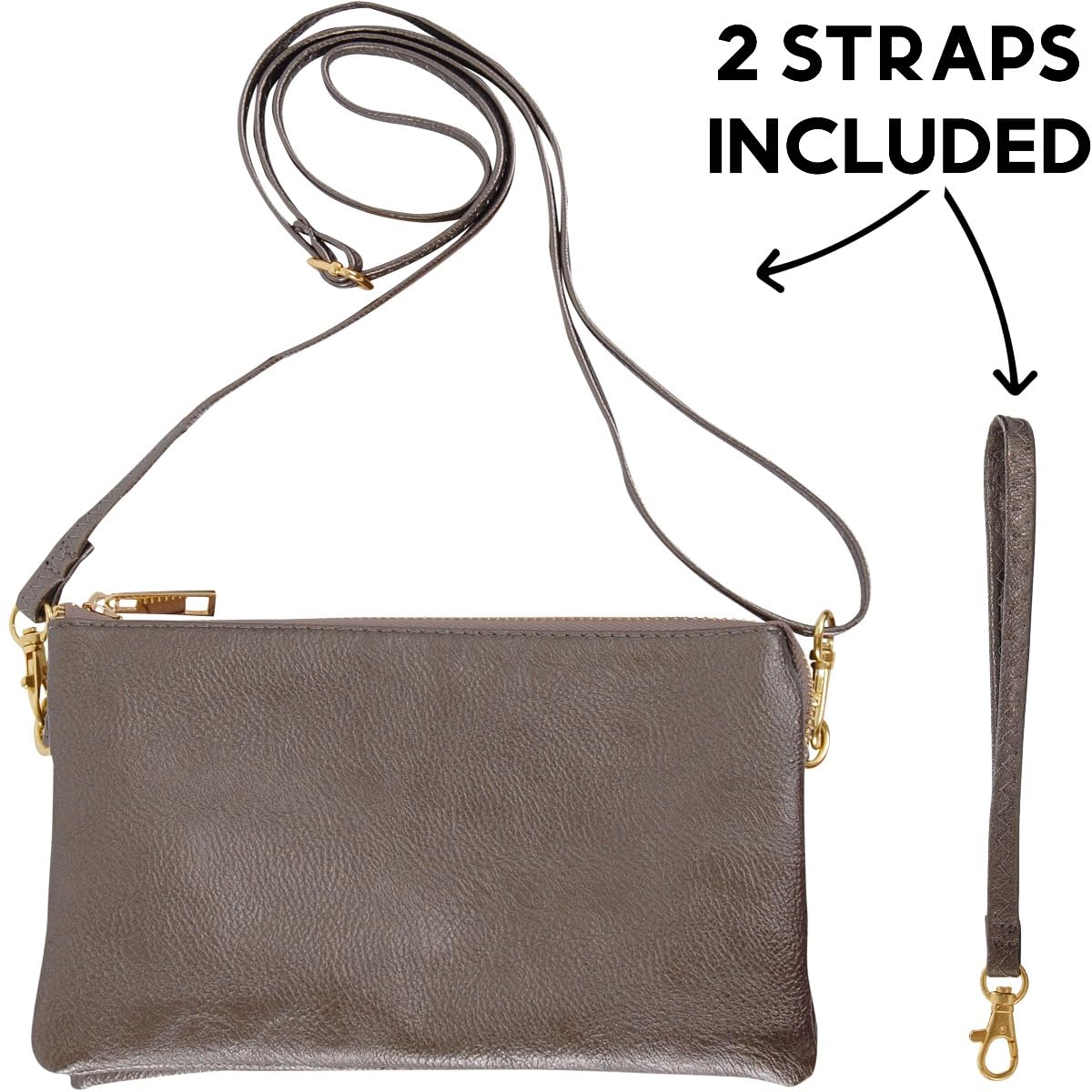 Clutch Purse Wristlets for Women - Dark Silver Vegan Leather Clutch Purses for Women, Metallic Gunmetal Crossbody Small Wristlet Wallets, Bronze Crossbody Handbag, Vegan Leather Bag with Wrist Strap