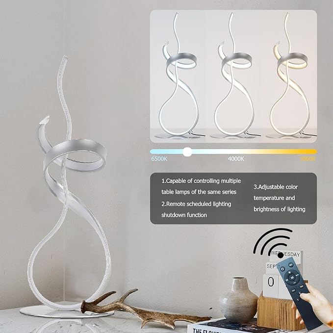 24W Modern 3Color Table Lamp with LED Spiral Design, 22“ Tall Silver Bedside Light & Nightstand Lamp, Touch Dimmable with 3 Colors & Remote Control for Bedroom, Living Room, Home Office (Silver)