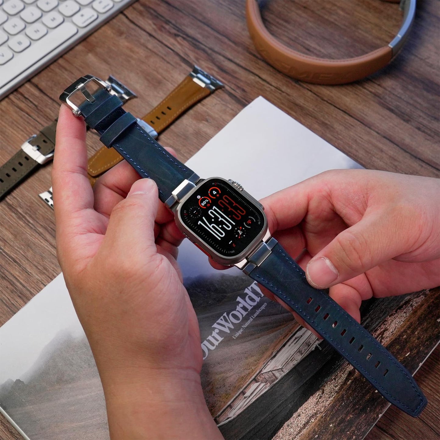 Genuine Leather Band Compatible with Apple Watch Ultra Band 49mm 46mm 45mm 44mm for Men,Vintage Genuine Leather Replacement Strap for iWatch Ultra 3 2 1,SE 3 2 1,series 11 10 9 8 7 6 5 4
