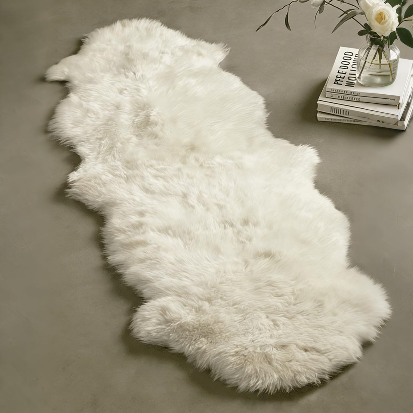 Genuine Sheepskin Rug with Little Patches | Premium Ivory White Fluffy Sheep Skin Carpet for Bedroom Fireplace | Soft Wool Throw for Elder, Pet | Luxurious Fur Rug for Chair, Sofa, Non Dyed 2FT*6FT