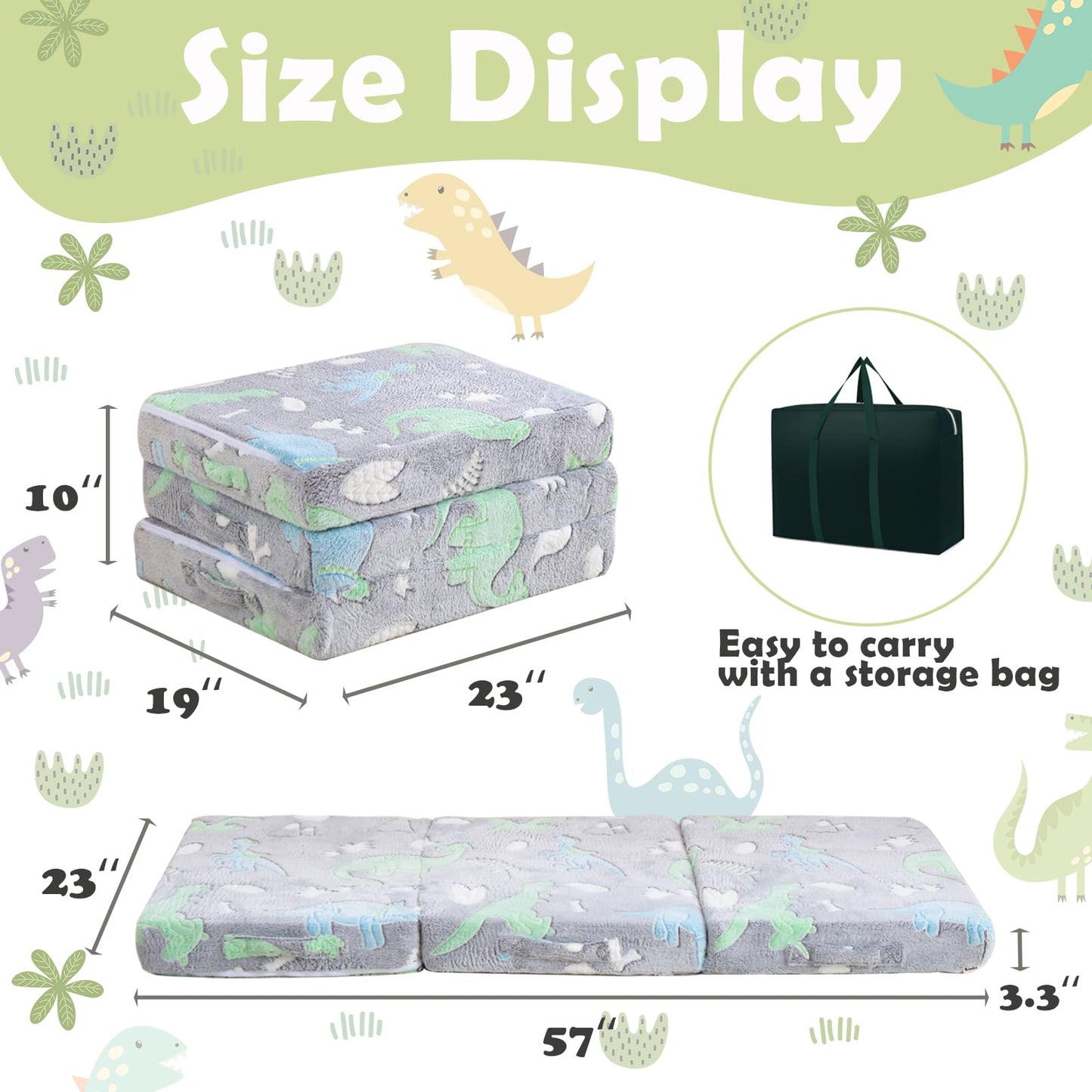 Kisdsa Foldable Floor Mattress for Kids,Folding Toddler Floor Nap Mat for Sleeping Daycare,Trifold Foam Mattress Floor Bed,Child Trifold Futon Sofa with Storage Bag,57''x23''(Glow Dino)