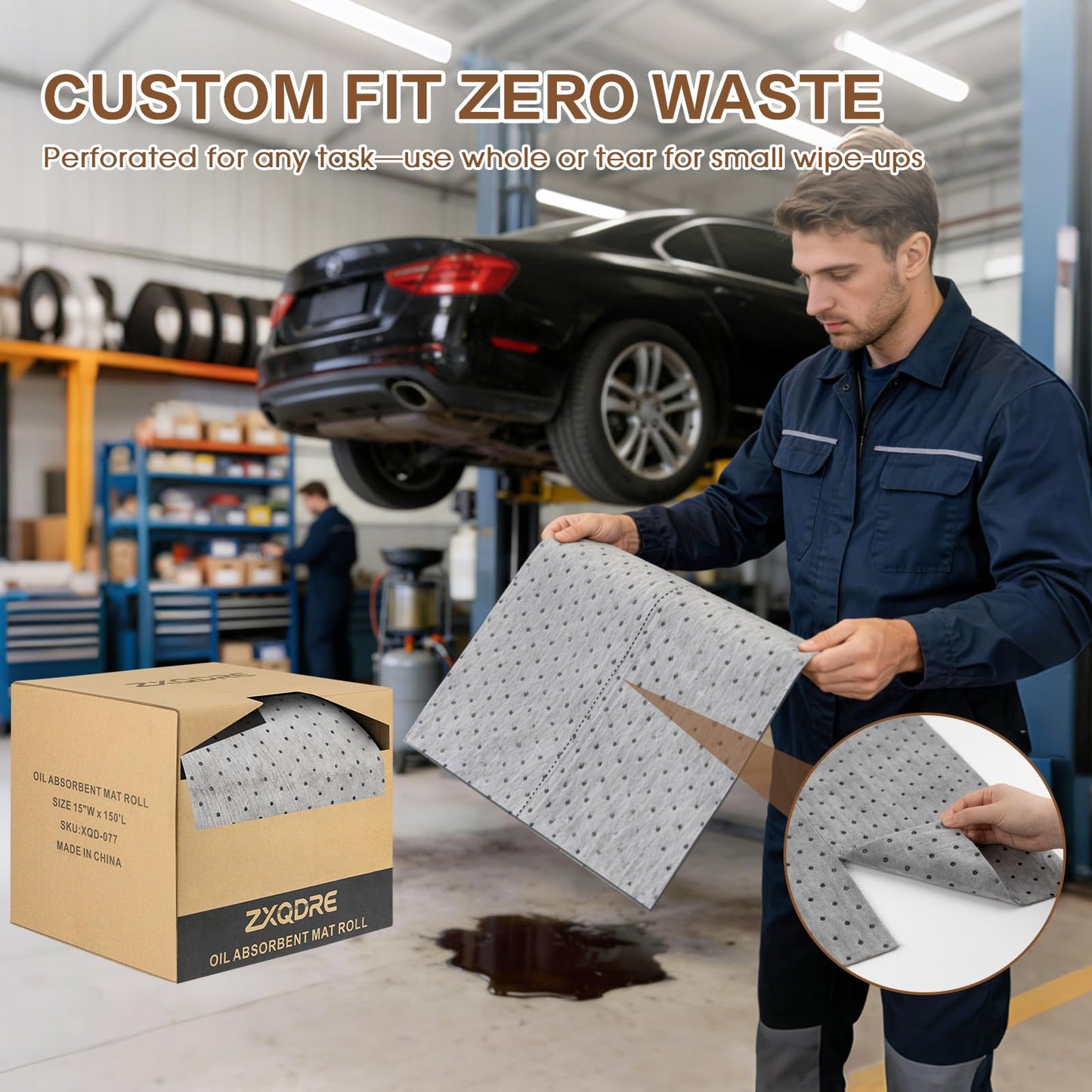ZXQDRE Oil Absorbent Pads Roll 15" x150', 6 oz Heavy Duty Oil Absorbent Mat in a Dispenser Box, Industrial Spill Cleanup Absorbers for Leaks & Drips in Garage Workshop, All-Purpose Maintenance Mat