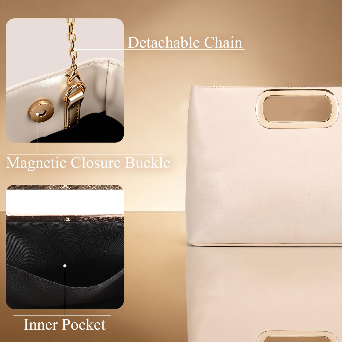 XquiziFit Clutch Purse for Women Evening Clutch Handbag for Wedding Party Formal Evening Bag with Detachable Chain Nude Clutch PU Leather