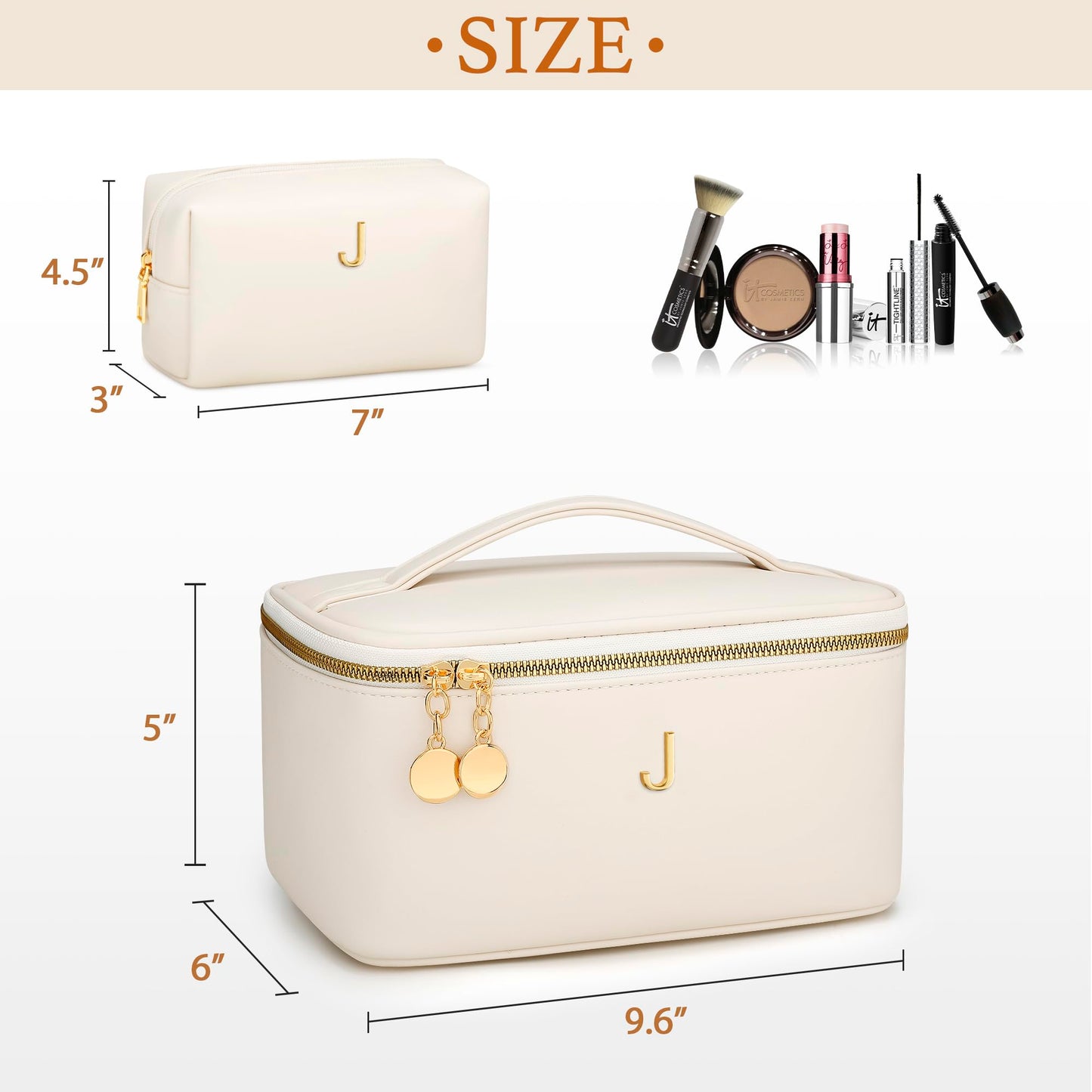 CLOUDWINGS Personalized Initial Makeup Bag Gifts for Women, Large Travel Cosmetic Organizer with Handle & Divider, PU Leather Toiletry Bag for Girls, Birthday Bridesmaid Gift Set - Beige - J