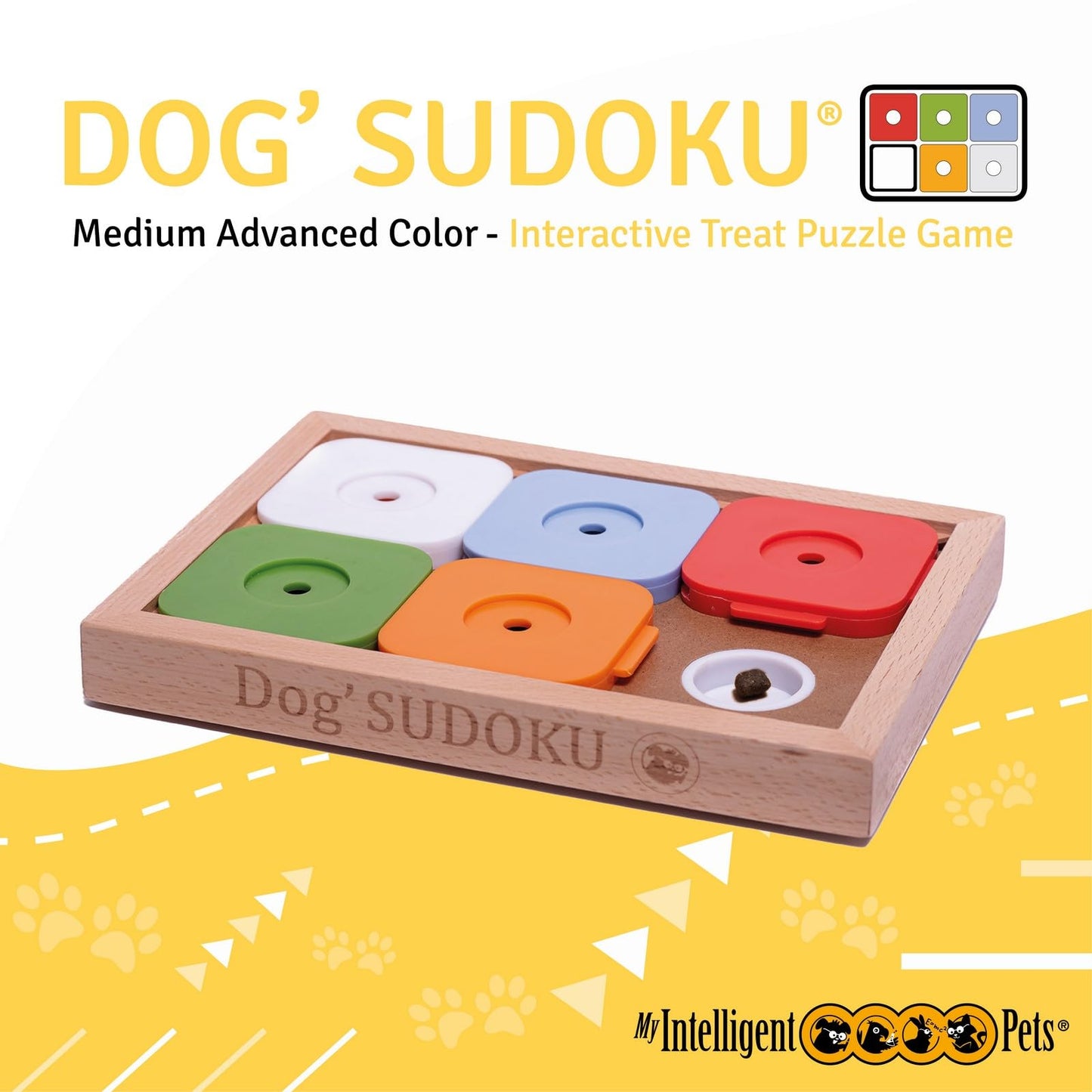 My Intelligent Dogs Interactive Sudoku Puzzle for Small Dogs and Cats - Advanced Brain Pet Toy - 6 Treat-Hiding Holes, Medium Wood and Plastic Design