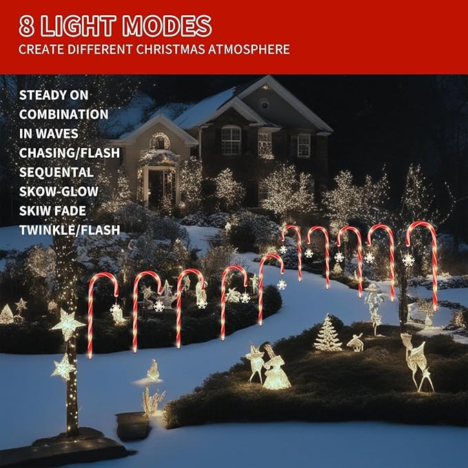 Solar Christmas Lights Outdoor Decorations, 20 Pack Solar Christmas Candy Cane Lights with Snowflake, Outdoor Waterproof Christmas Pathway Lights for Patio, Garden, Yard, Street, Park, Holiday