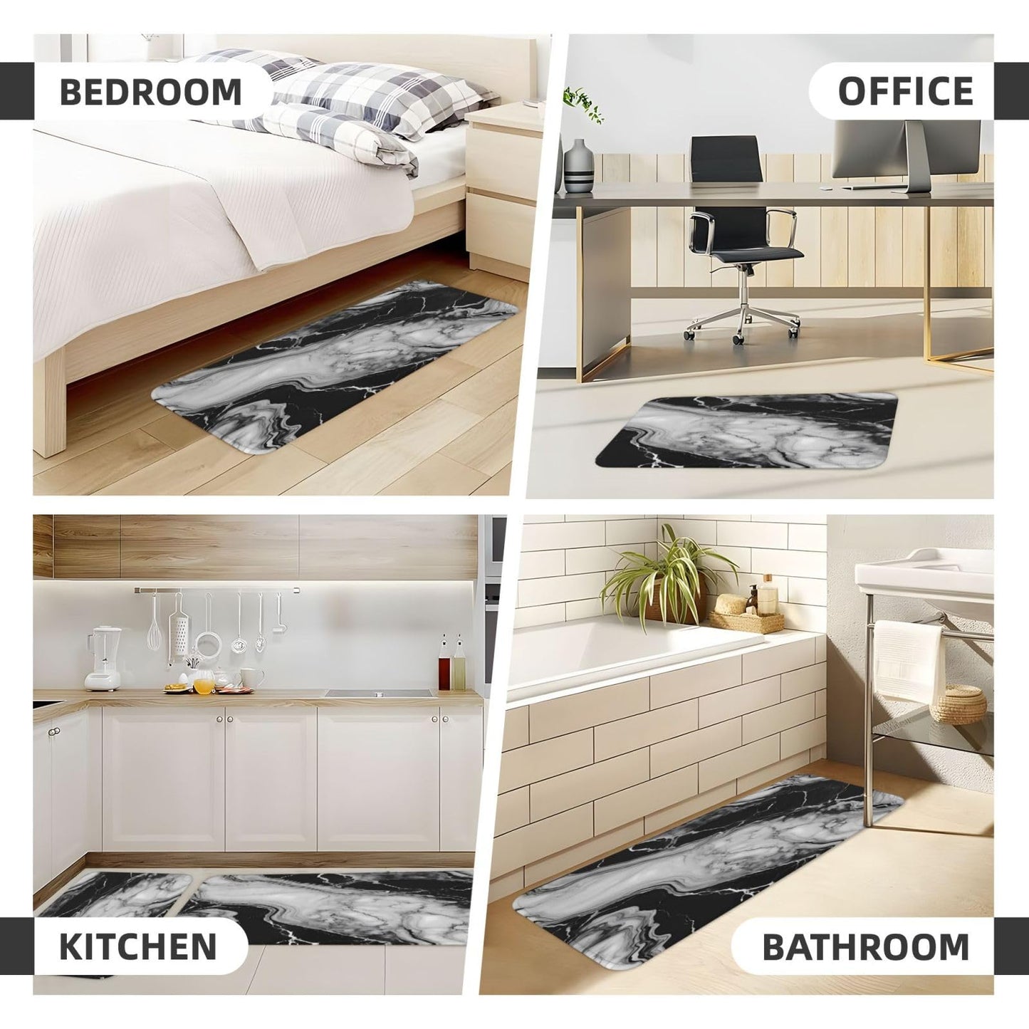 Sovvin White and Black Marble Texture Kitchen Rugs Microfiber Floor Mats Marbling Cushioned Carpet Runner Rug for Laundry Bathroom Living Room, 2 Piece Set 17"X 47" + 17"X 30"