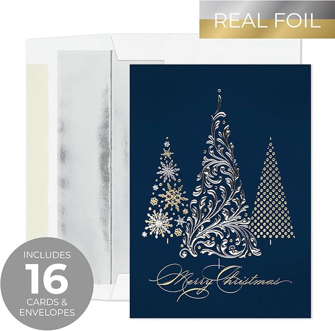 Masterpiece Metallic Christmas 3 Foil Trees Cards / 16 Boxed Winter Holiday Cards With Silver Foil Lined Envelopes / 5 5/8" x 7 7/8" Folded Merry Christmas Greeting Cards With Inside Verse