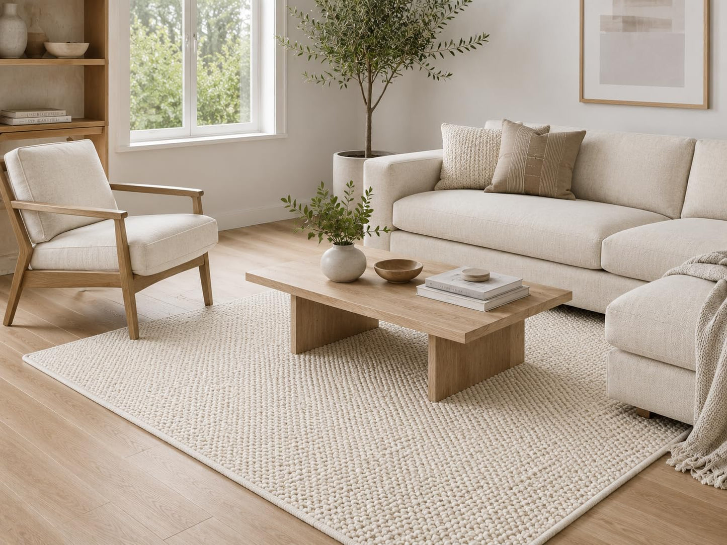 The Knitted Co. Wool Area Rug - Handmade Natural Wool Carpet Rug, Textured Design, Handwoven Ivory Rug - Suitable for Hallway, Bedroom, Dining Room (Ivory- 3'x5')