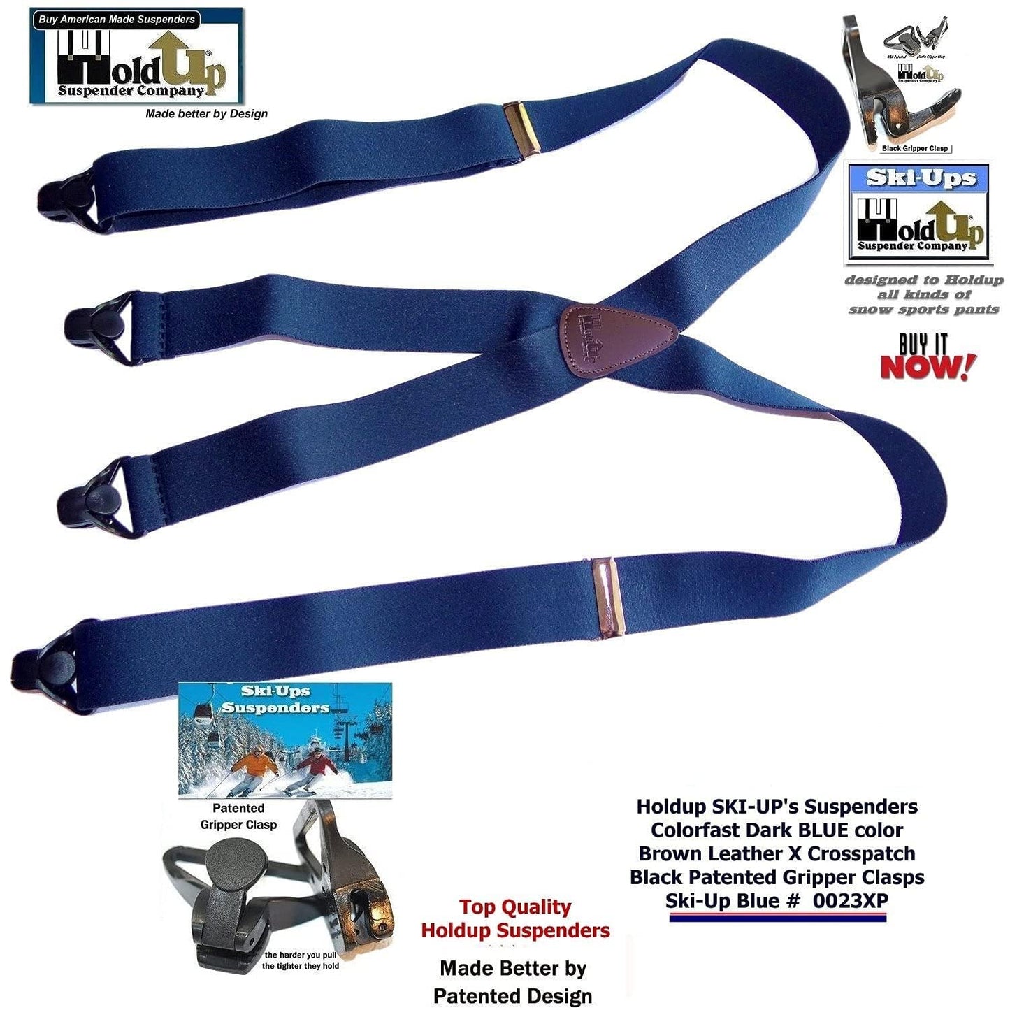 Holdup Ski-Ups Blue 1 1/2" Suspenders for Men with USA Patented Black Composite Plastic Gripper Clasps