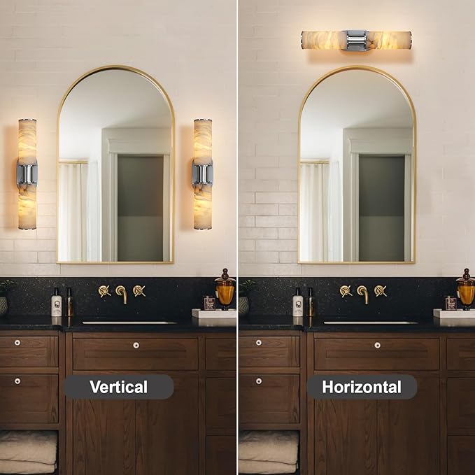 22.2" Alabaster Wall Sconce, Brass Bathroom Wall Sconce, Spanish Natural Marble Sconces Modern Wall Lights Lamps for Bedroom Living Room Stairs Indoor Hallway Vanity, Nickel