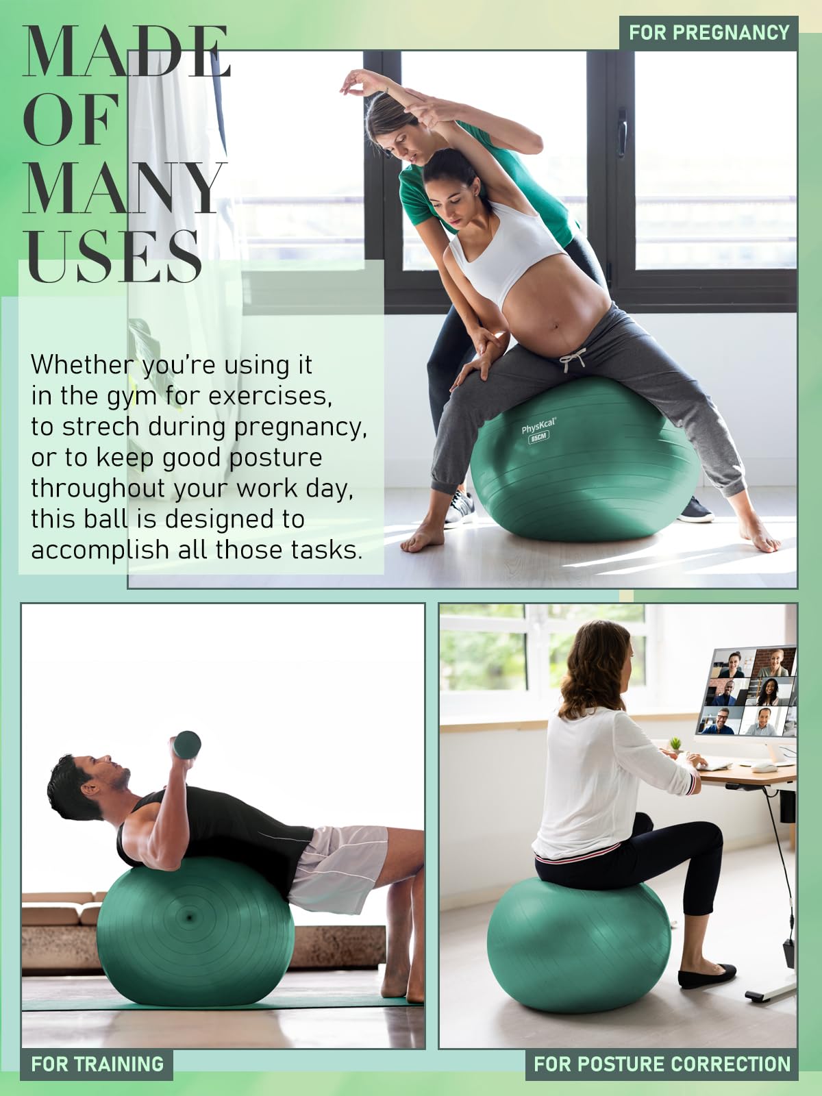 PhysKcal Exercise Ball Set, 33'' Yoga Ball for Pilates, Physical Therapy, Pregnancy-Swiss Ball for Physio, Stability, Fitness, Office Chair-Green