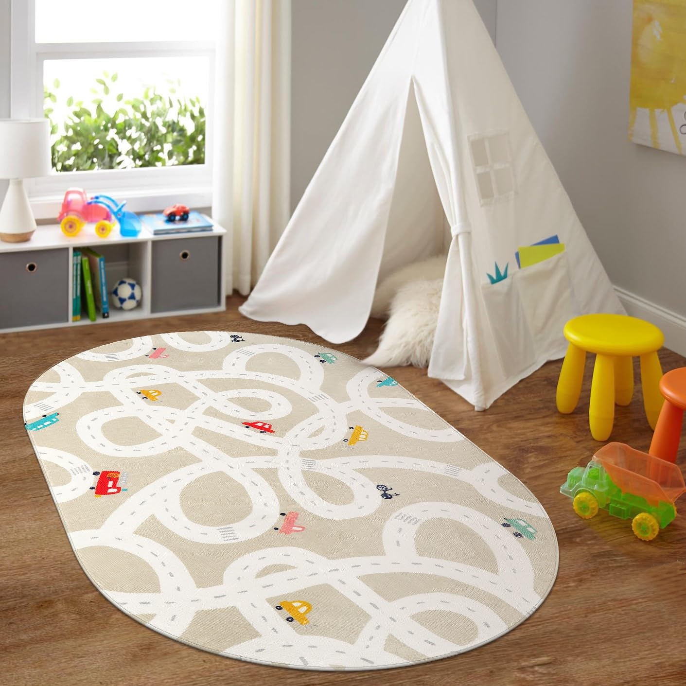 STARUIA Large Kids Rug for Playroom, 4x6 Washable Road Car Rug for Kids Room, Non-Slip Car Carpet for Boys Room, Tan Traffic Classroom Rugs Soft Baby Play Mat for Bedroom Dorm Nursery Tent