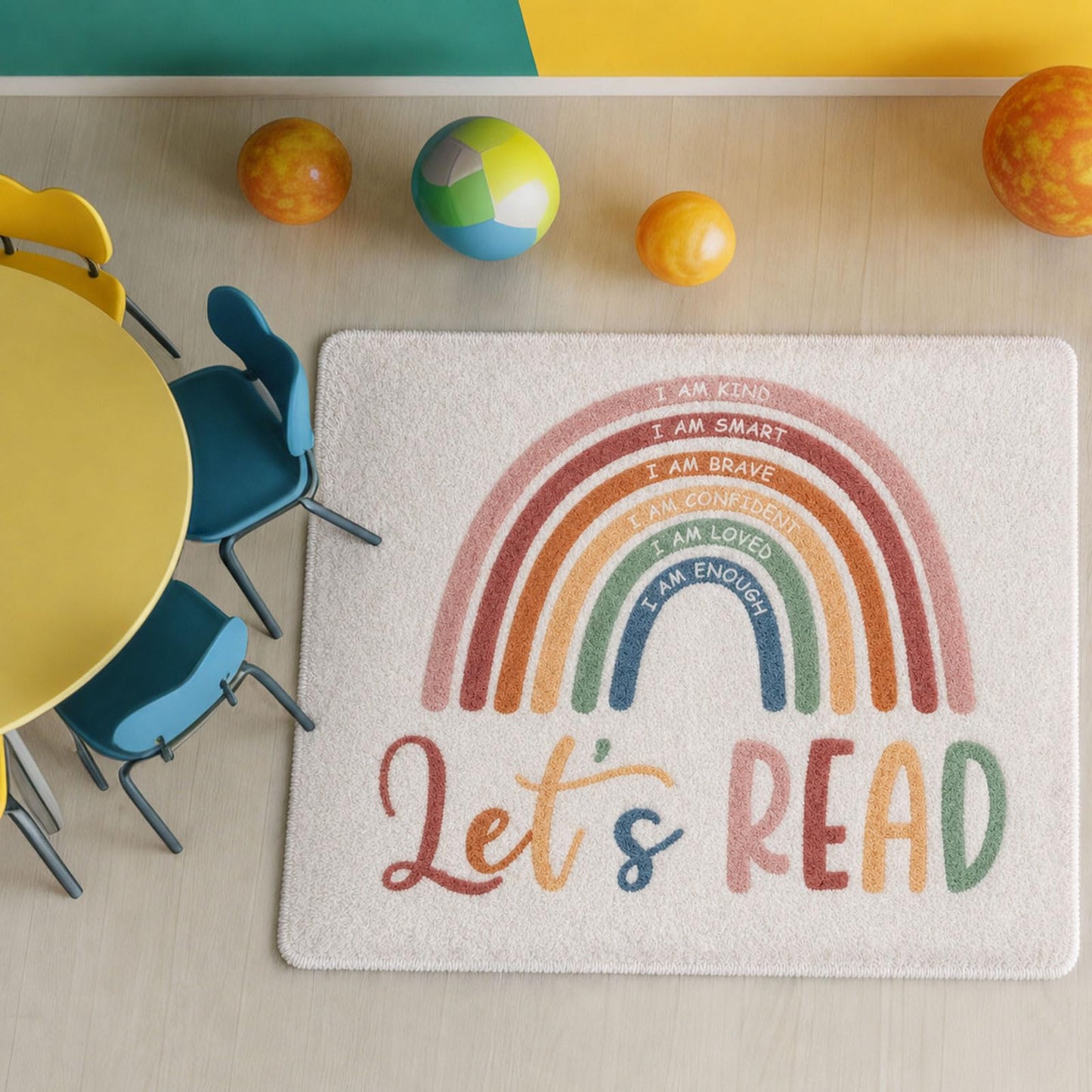 3.3x4 ft Boho Rainbow Classroom Rug Let's Read Motivational Area Rug Back to School Floor Mat Reading Corner Decor Non-Slip Play Carpet for Calming Corner Library Nursery Playroom Bedroom Living Room