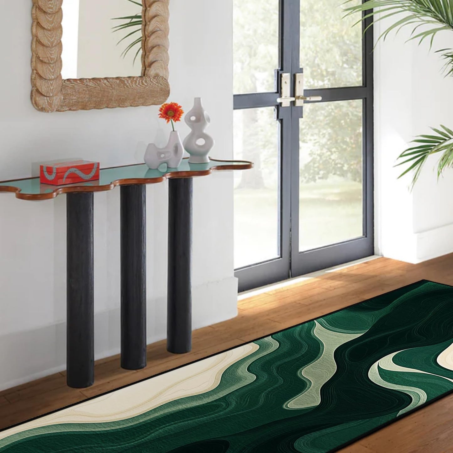 AQQA Sage Green Runner Rug 2x6,Abstract Wavy Hallway Runner, Washable Non-Slip Long Rug for Kitchen,Modern Art Deco Entryway Rug,Low-Pile Indoor Floor Carpet for Laundry Room,Bedside,Office (Emerald)