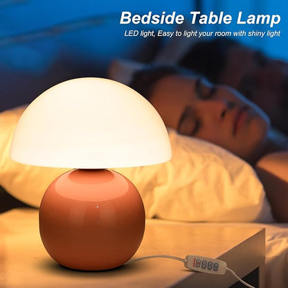 Small Mushroom Lamp,USB-Plug in Bedside Table Lamps with 3-Temperature LED Bulb Dimmable,Unique Cute Aesthetic Home Decor for Living Room,Bedroom, Modern Ceramic Base Glass Lamp(Pink)