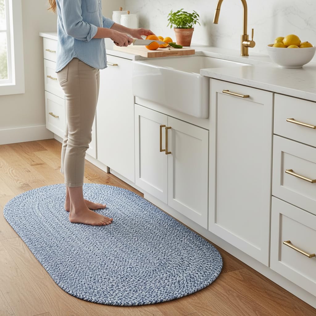 Super Area Rugs Oval Braided Rugs for Kitchen - Cotton Braided Rug 2x3 - Oval Soft Bathroom Throw Rugs, Woven Rug for Bedside, Blue & White