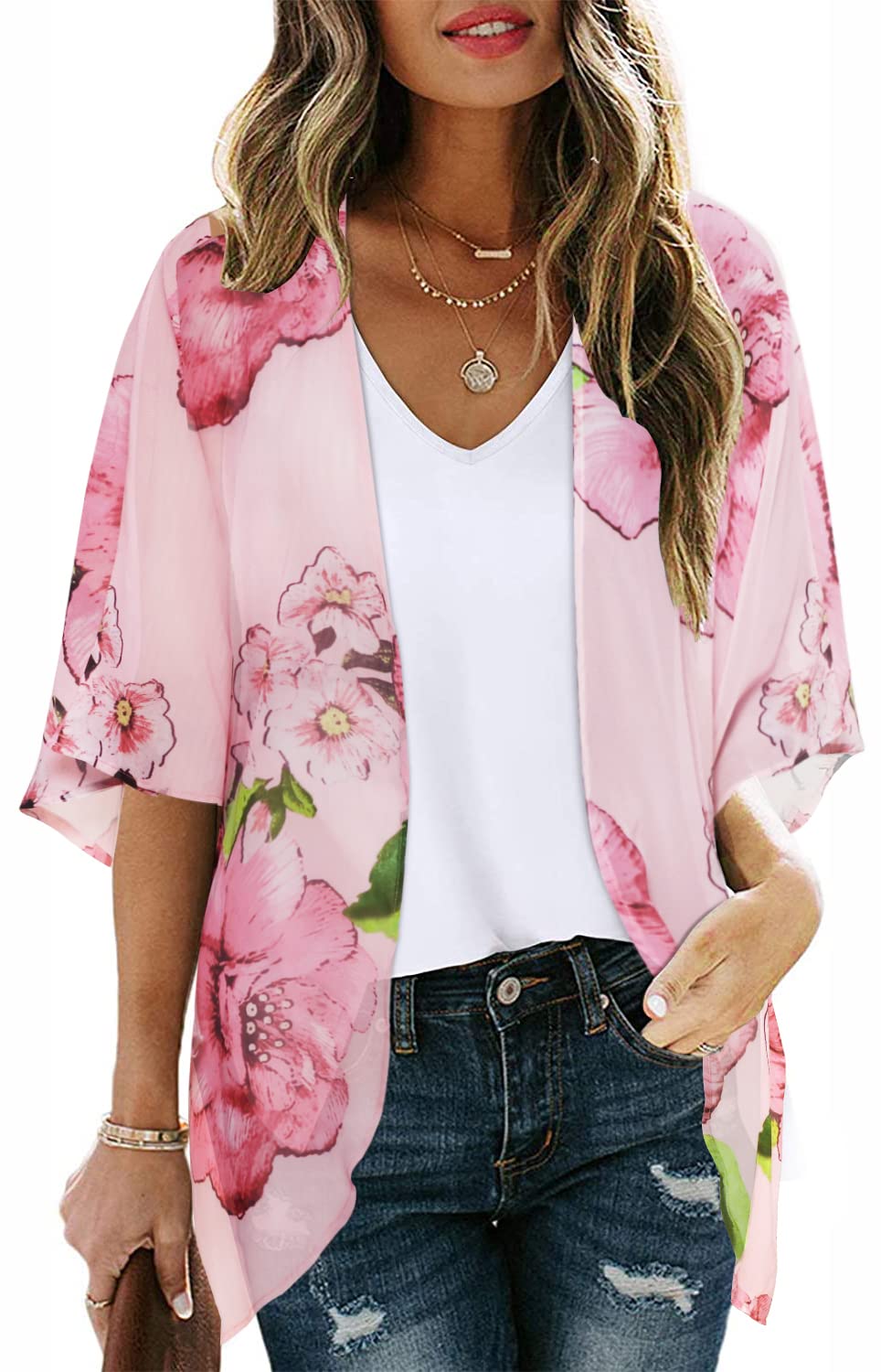 Women Summer Kimono Cardigan Sheer Beach Cover ups Chiffon Loose Casual Open Front Swimwear Shirts (Rose Pink,M)