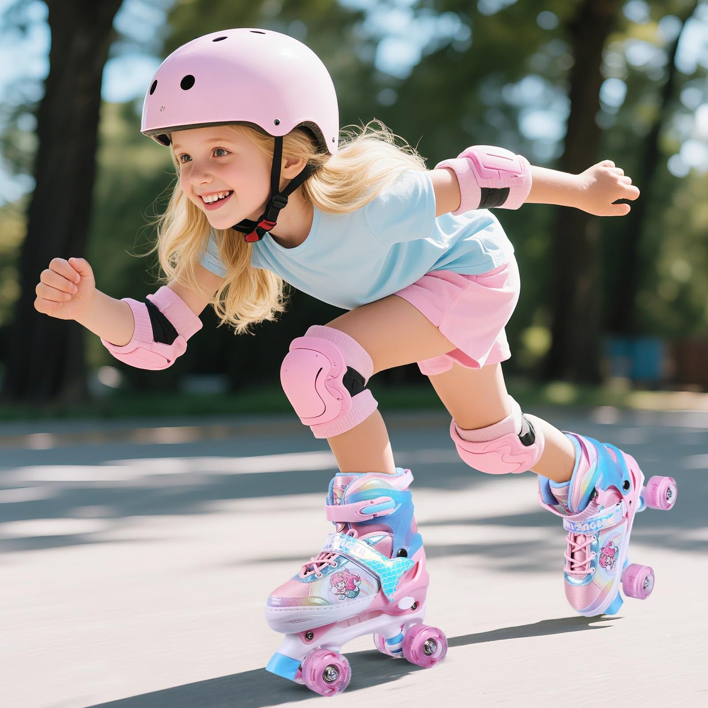 Hualonger Roller Skates,4 Size Adjustable Roller Skates Kids,Light-Up Wheels and Adorable Cartoon Designs, Multiple Layers of Protection for Girls and Boys,Suitable Indoor Outdoor