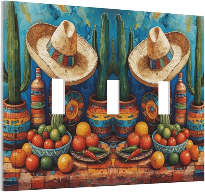 Decorative Art Light Switch Covers Mexican Sombrero & Serape Vibes 3 Gang Triple Toggle Wall Plate Decorative Switch plate Electrical Faceplate for Home Decor