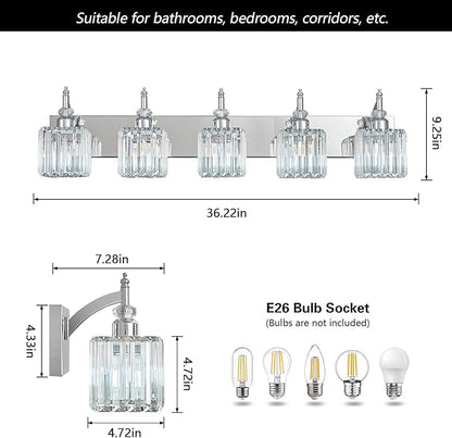 Crystal Vanity Lights Chrome 5 Light Bathroom Light Fixtures Over Mirror Modern Vanity Light for Bathroom
