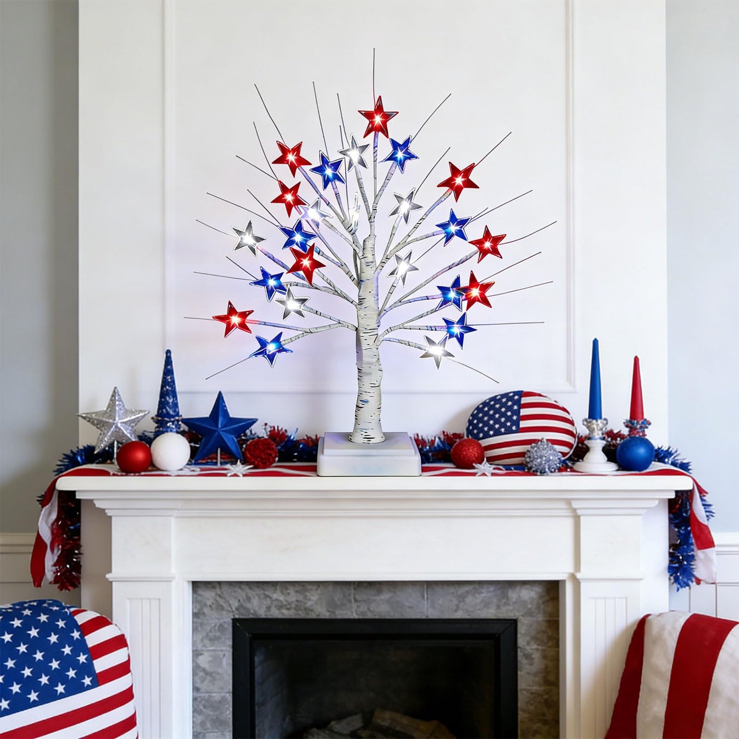 18" 4th of July Patriotic Decorations Tree with 24 LED Red White Blue Star Lights, Independence Day Lighted Tree for Home Party Festival Mantel Centerpiece Decor